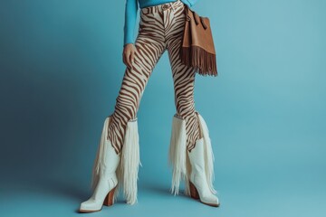 Fashionable woman in trendy blue outfit with accessories.