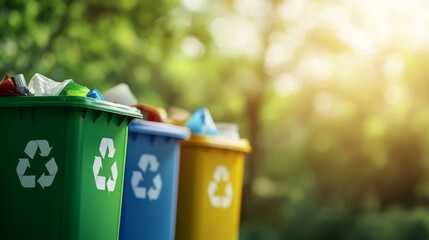 recycling bins color-coded and marked with recycling symbols telephoto lens detail and realistic lighting