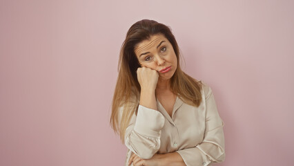 A bored hispanic woman in a beige shirt poses against a solid pink background, looking disinterested and leaning on her hand.