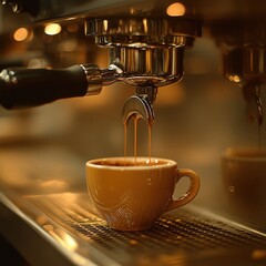 A close-up view of espresso being brewed into a stylish cup, highlighting the rich textures and colors of freshly made coffee.