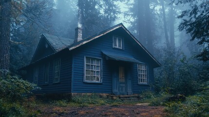 A vintage cottage painted in a dark midnight blue, nestled in a foggy forest setting, evoking a mysterious and enchanted atmosphere