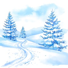 Naklejka premium Watercolor Painting of a Snowy Landscape with Pine Trees.