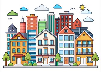 Colorful illustration of various housing icons including apartments, houses, condominiums, and buildings set against a white background with clean lines and minimalist design.