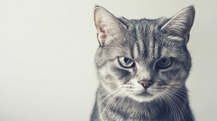 Obraz premium Silver tabby cat gazes directly into the camera Its fur details stand out against the seamless white background highlighting its expressive face