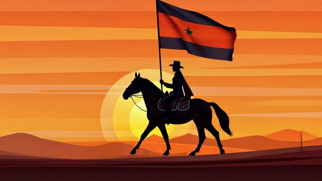 Detailed illustration of Indian warrior Shivaji Maharaj riding a horse, carrying a flag.