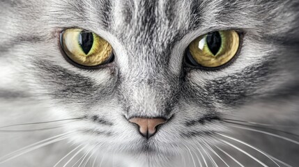 Silver tabby cat gazes directly into the camera Its fur details stand out against the seamless white background highlighting its expressive face