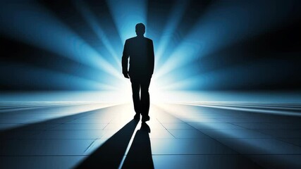 Mysterious silhouette in eerie hallway with blue light, creating a suspenseful atmosphere.