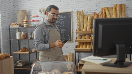 Young man with moustache wearing apron using smartphone in a bakery shop with shelves of bread and pastries