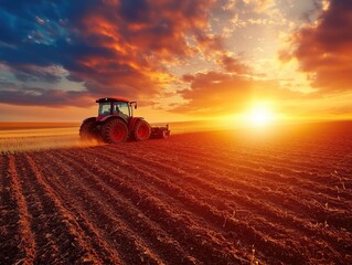 Agricultural combine harvesting on the farming field, beautiful sunset in the background. Agriculture food industry
