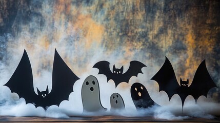 A collection of laser-cut bat and ghost ornaments, artfully displayed on a spooky, mist-covered wooden table.
