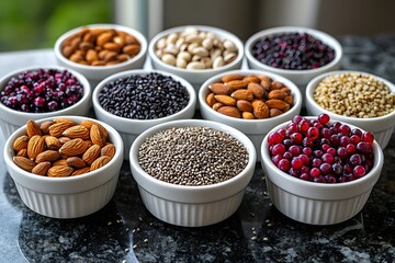 Assorted nuts and berries in white bowls on a marble countertop