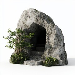 3D Render of a rock temple with an underground chamber and hidden passageways, on isolated white background