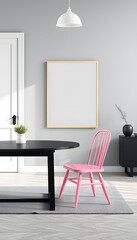 Pink wooden chair at black table in grey living room interior with mockup of empty poster isolated with white highlights, png