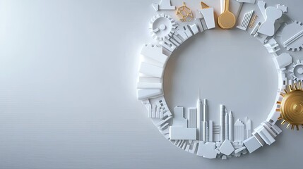 Modern Circular Design with Cityscape and Gears