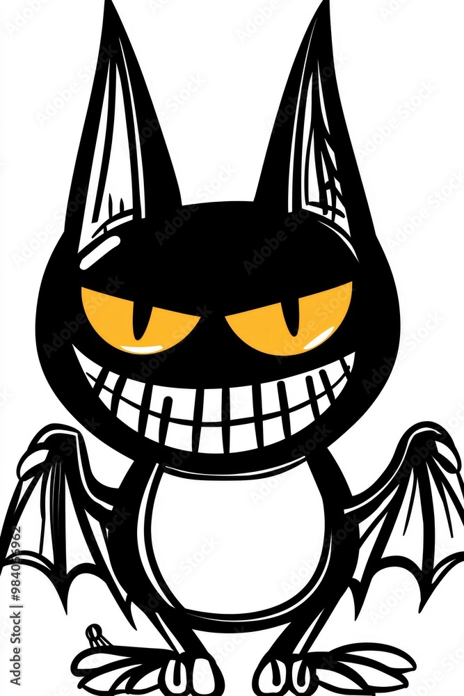 Poster Cartoon Black Bat with Big Grin and Yellow Eyes