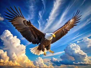 Fototapeta premium Majestic bald eagle soars overhead, wings spread wide, against a bright blue sky with puffy white clouds, conveying freedom and power in nature's splendor.