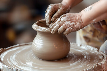 Hands making a vase on a potter's wheel. Pottery wheel in action, hands shaping clay, creative process. Handmade tableware. Highly artistic photo style