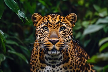 Fototapeta premium A close-up of a leopard face, capturing its intense gaze and intricate fur patterns, set against a blurred background of dense jungle foliage.