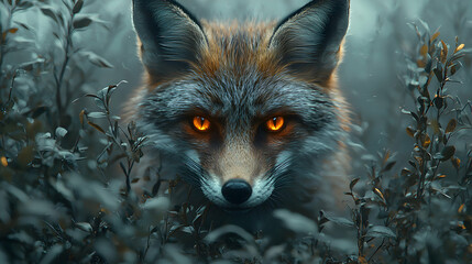 Fototapeta premium Fox with glowing amber eyes emerging from the dense shadows of a misty forest, blending seamlessly into the dark surroundings