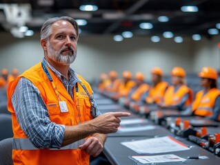 A construction leader in an orange vest directing a group of workers during a safety briefing in a professional environment.