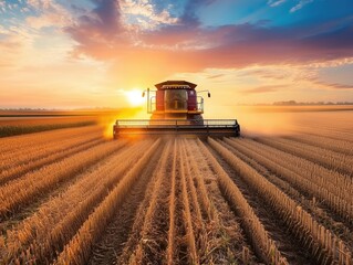 Fototapeta premium Agricultural combine harvesting on the farming field, beautiful sunset in the background. Agriculture food industry