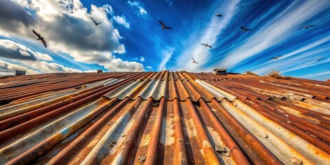 Rusted metal corrugated iron roofing sheets with weathered, wavy patterns and old bolts against a blue sky with scattered clouds and a few birds flying afar.