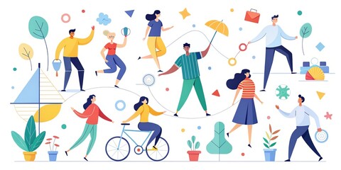 Fototapeta premium Simple, colorful illustration of stylized figures with minimalist features, engaged in various activities, surrounded by abstract shapes and lines, against a plain white background.