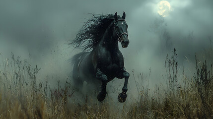 Mysterious black stallion galloping across a barren, moonlit field, mane flowing wildly as shadows surround it