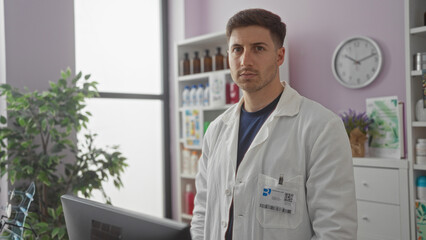 A handsome, hispanic, young man in a white coat stands in a pharmacy store, displaying various medical supplies with shelves in the background and a clock on the wall.