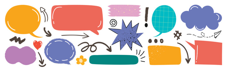 Cute hand drawn arrows and speech bubble vector set.