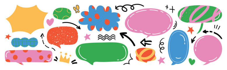 Cute hand drawn arrows and speech bubble vector set.