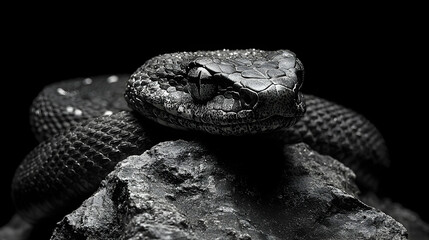 Fototapeta premium Serpent coiled around a jagged stone, its scales glinting faintly under minimal light in the shadows