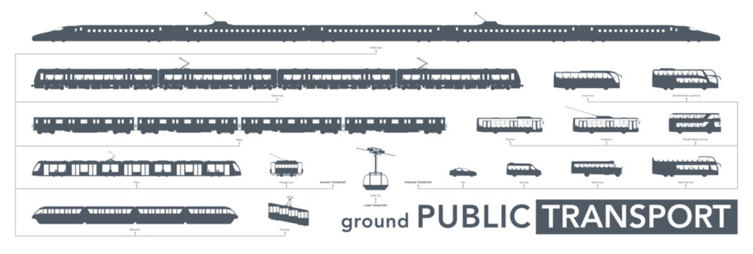 Public transport icon set. Ground vehicles silhouette on white. Vector illustration