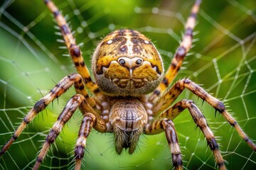 The cross orbweaver spider's intricate markings on its abdomen and cephalothorax stand out amidst its delicate, shimmering web, crafted with precision and care.