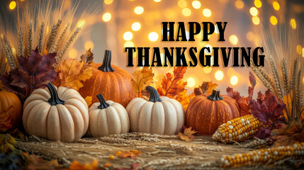A festive Thanksgiving arrangement featuring pumpkins, autumn leaves, and warm lights, celebrating the season's abundance and joy.