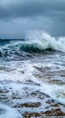 Powerful Ocean Waves Crashing Against the Shore at Sunset with Dramatic Sky