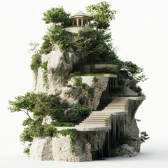 3D Render of a rock temple with hanging gardens and stone terraces, on isolated white background