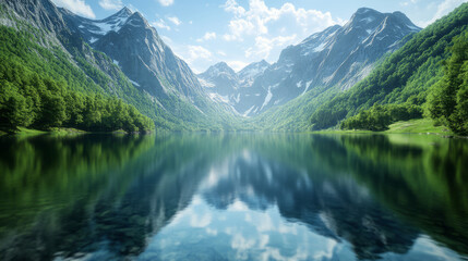 Fototapeta premium A tranquil mountain landscape reflecting in a serene lake, surrounded by lush greenery and dramatic peaks under a bright blue sky.