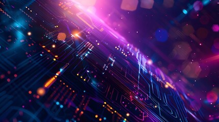 Fototapeta premium A background image with a high-tech, futuristic design in shades of purple, blue, and black. The scene is lit by a beautiful golden light from above, highlighting the intricate tech lines and adding a