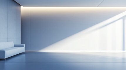 A clean, minimalist design with smooth white and grey tones, enhanced by subtle lighting on the wall