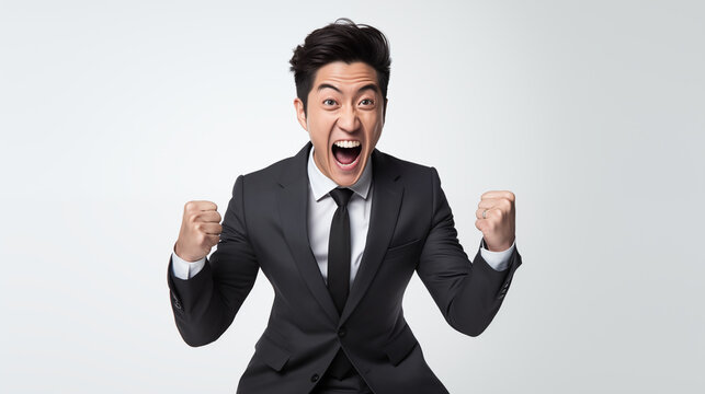 Businessman screaming and celebrating success with white background