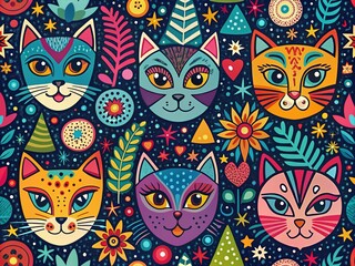 Naklejka premium Vibrant, colorful feline-inspired patterns adorn a sleek, modern background, featuring repeating shapes and whimsical strokes, evoking a playful