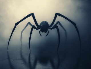 A dramatic silhouette of a gigantic spider lurking in a foggy environment, showcasing its eerie presence. Scene from a Horror film or nightmare.