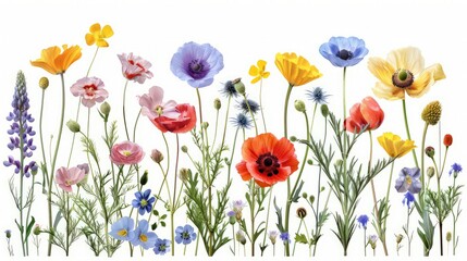 Set of garden flowers on white background