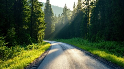 Obraz premium A curved road surrounded by a pine forest with sunlight shining through the trees, creating a peaceful and serene morning scene..