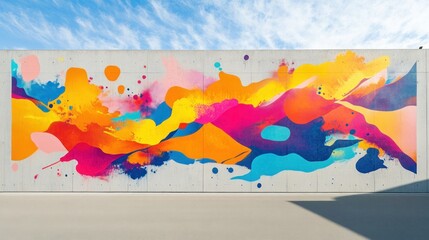 A bright, abstract mural featuring organic shapes and vibrant splashes of color across a large concrete wall