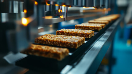 A conveyor belt system processes snack bars, showcasing a modern food manufacturing setup with precision machinery.