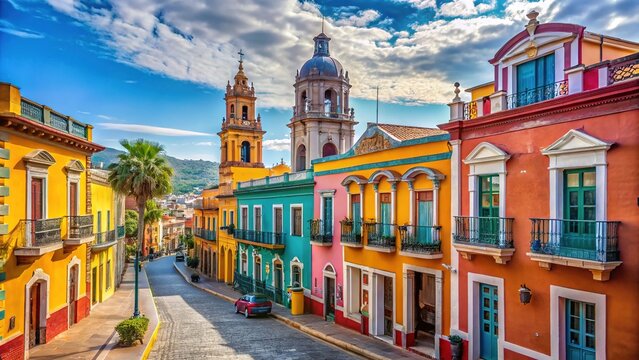Vibrant colonial architecture lines the historic streets of Pachuca de Soto, Hidalgo, Mexico, with colorful buildings, ornate facades, and bustling urban life.