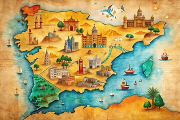 Vibrant colors illustrate a detailed map of Spain, highlighting iconic cities like Madrid, Barcelona, Seville, and Granada, amidst a textured, worn paper background. © Sandra
