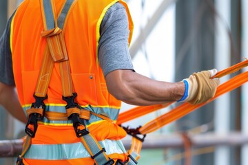 a construction worker checking safety harness before use